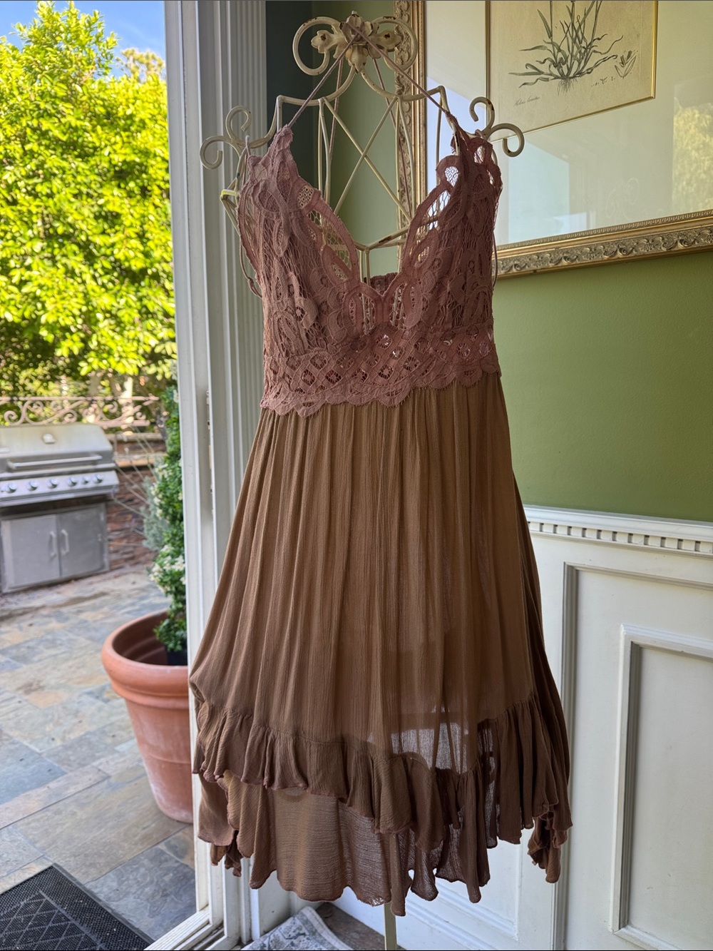 Free People Rose Lace Bodice Midi Dress with Brown Chiffon Skirt